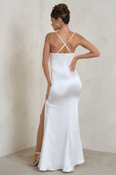 White Satin Plunge Fishtail Maxi Dress